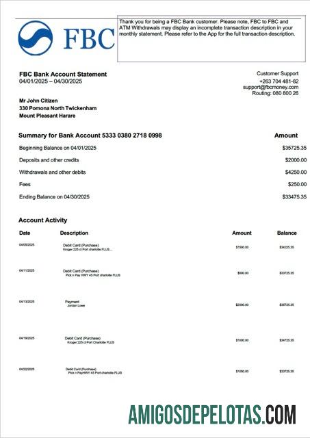 em branco Zimbábue FBC Extrato de conta bancária modelo Word e PDF